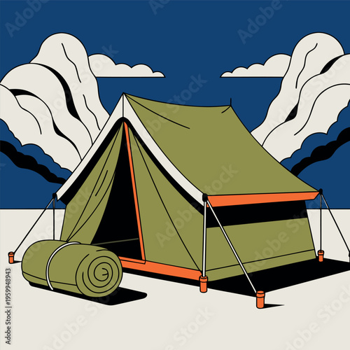 Flat vector illustration of a camping tent with open flap