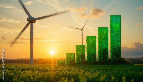 A serene landscape of wind turbines in a green field with a vibrant sunset and rising green energy bars