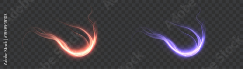 Abstract luminous red and purple light streaks flowing with glowing particles, representing dynamic speed and power