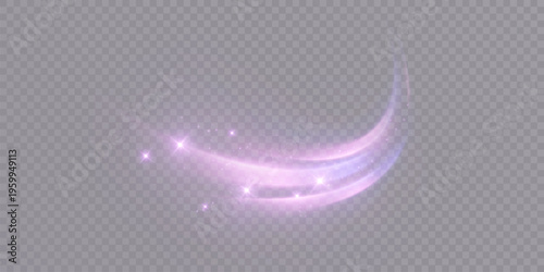 Purple light trail flowing smoothly, creating a dynamic illuminated curve with glittering particles on a clear substrate
