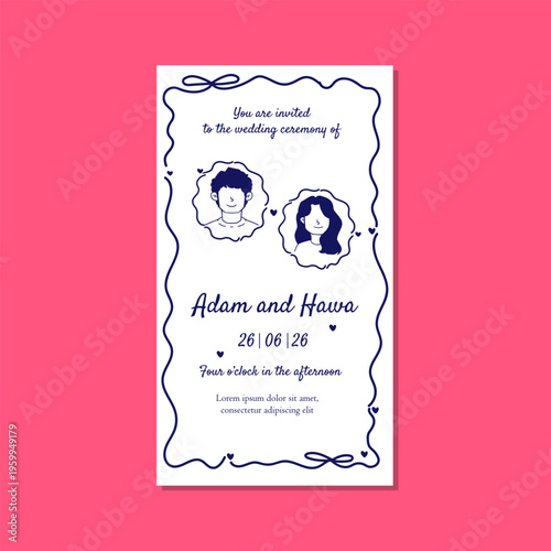 Elegant Minimalist Digital Wedding Invitation Template with Hand Drawn Couple Illustration