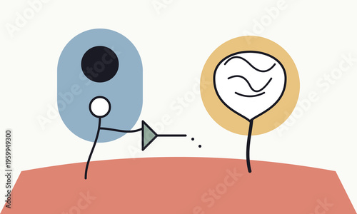 A minimalist stick figure interacting with a glowing thought bubble on a soft pastel background