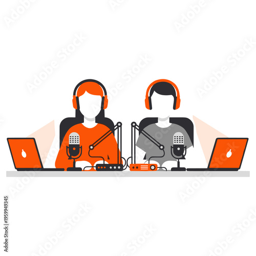 Two radio hosts speaking into professional microphones with headphones and orange laptops