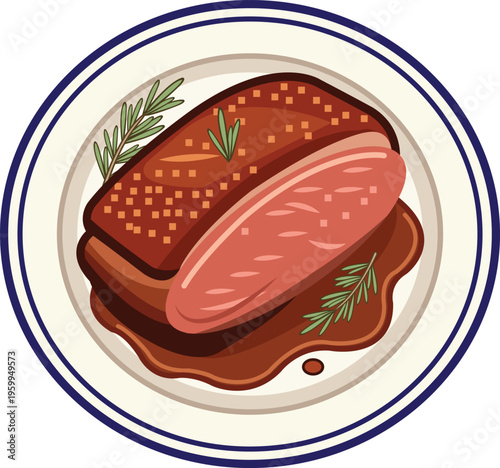 French Roast Duck on Plate With Rosemary Garnish and Rich Sauce Illustration