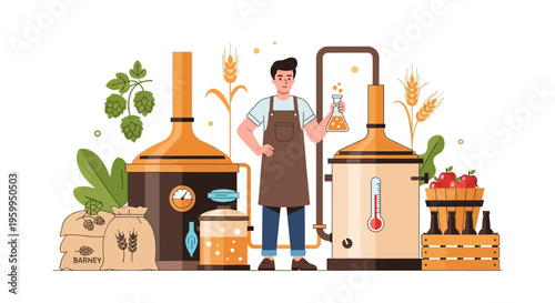 Craft Brewer at Artisanal Microbrewery. Happy Man Producing Beer and Cider with Hops, Grains, Apples, and Fermentation Equipment. Flat Illustration.