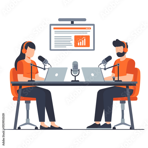 Journalists analyzing financial data on screen during live podcast session with equipment