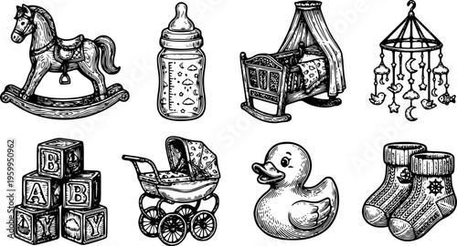 Black and white vector icons of rocking horse baby bottle cradle mobile blocks stroller and rubber duck toy set