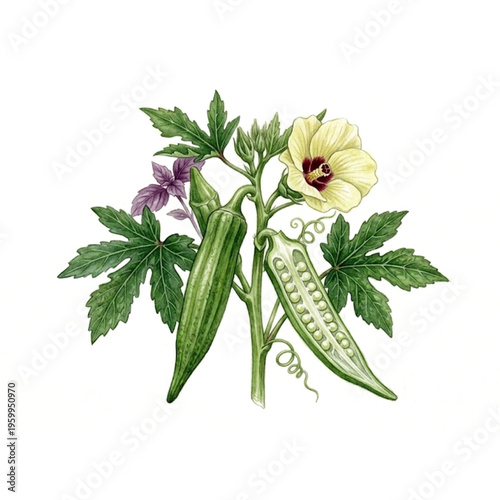 Fresh Ladyfinger Okra Vegetable Illustration Isolated on Transparent Background Vector EPS