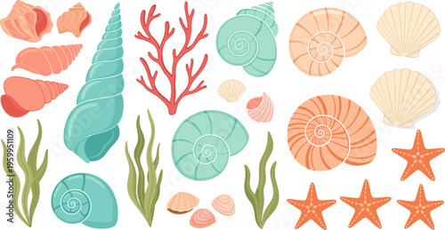 Sea Shells and Marine Elements Icon Set Featuring Starfish Coral Seaweed and Nautilus Shells Flat Vector Collection Isolated on White Background