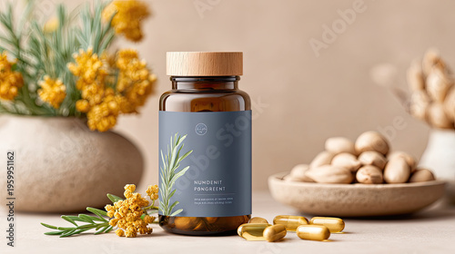 Nutritional supplement bottle with wooden lid, surrounded by natural elements like herbs and nuts, conveys sense of health and wellness. design emphasizes organic ingredients and holistic living
