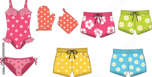 Summer Swimwear and Beach Clothing Icon Set Featuring Swimsuit Shorts Bikini Mittens and Floral Pattern Apparel Flat Vector Collection Isolated on White Background