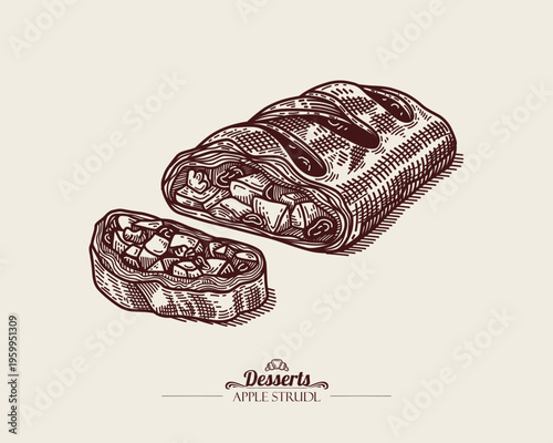 Pieces of Apple Strudel with Walnuts and Raisins. Traditional Austrian Dessert. Apfelstrudel. Italian Dessert. Line art Illustration, sketch style.