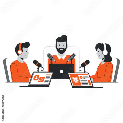 Three people creating podcast episode with microphones and laptops in studio setting