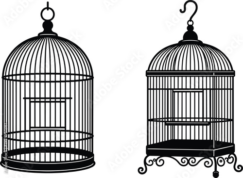 Black and white vector illustration set of vintage birdcages with ornate details, decorative bird cage silhouettes, isolated on white background,