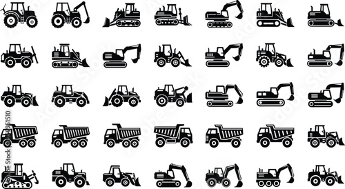Construction heavy machinery icon set, black silhouettes of excavator, bulldozer, dump truck, tractor, and loader vehicles for industrial engineering and building design