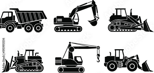 Heavy construction machinery icon set, black silhouettes of dump truck, excavator, bulldozer, crane, and loader for industrial building site projects, vector illustration