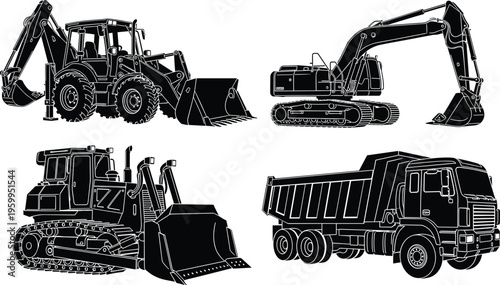Heavy construction machinery silhouettes set including excavator, backhoe loader, bulldozer, and dump truck for building site, industrial earthmoving equipment vector illustration