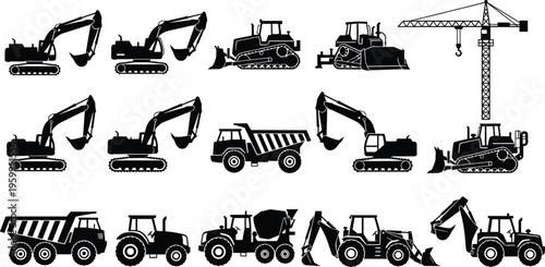 Heavy construction machinery silhouettes set, featuring excavators, bulldozers, dump trucks, crane, cement mixer, and tractors for industrial building site project vector illustration