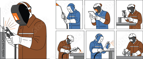 Professional welder in safety gear performing metalwork tasks, industrial welding process set, worker using torch, grinding, measuring, and checking blueprints in factory workshop.