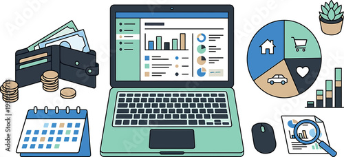 Financial planning and management tools isolated on transparent background