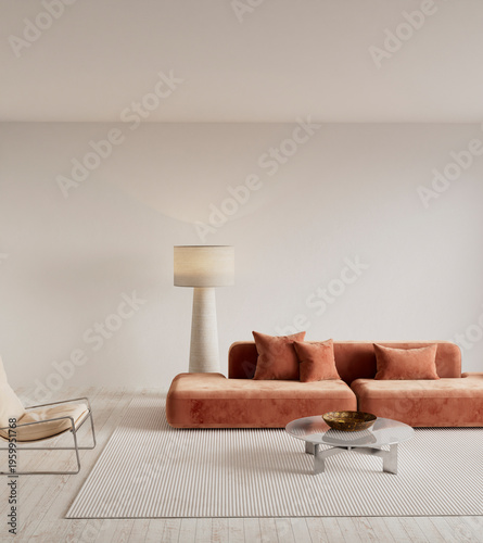 Modern living room interior with a terracotta velvet sofa and a large blank negative space on a white wall for copy space and minimalist home decor display. 3D illustration
