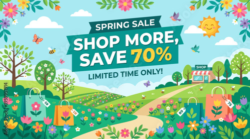 Spring Sale Banner with Colorful Floral and Landscape Design