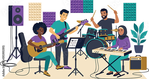A colorful illustration of a band performing music isolated on transparent background