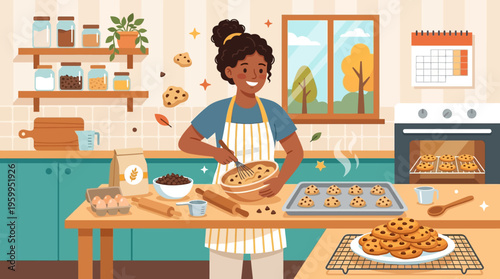 Happy Woman Baking Chocolate Chip Cookies in Kitchen
