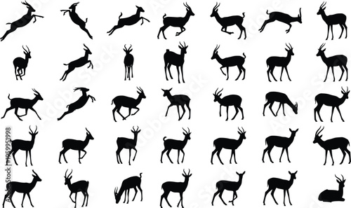 Collection of deer silhouettes in various poses and actions silhouette