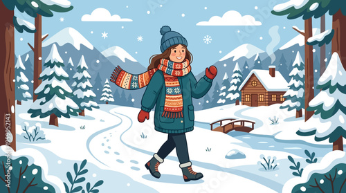 Woman Enjoying Winter Walk in Snowy Landscape