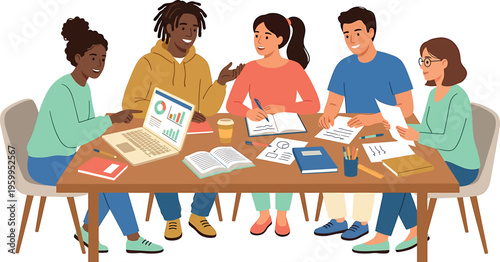 Diverse group of five people sitting around a table with papers isolated on transparent background