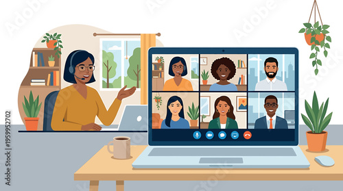 Remote worker on video call with colleagues isolated on transparent background