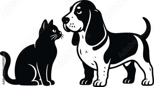 Minimalist black and white vector illustration of a cute cat and beagle dog sitting together, isolated on a white background.
