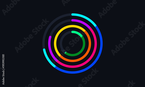 A vibrant digital graphic featuring concentric circular progress rings on a deep black background