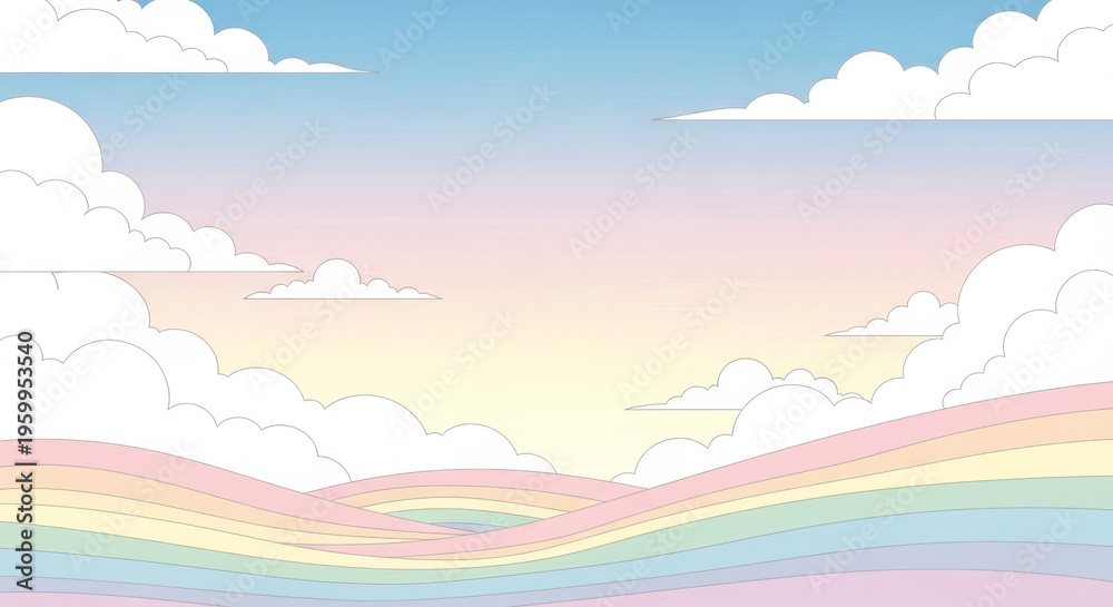 Fototapeta premium Colorful summer landscape with rainbow over green hills, blue sky, soft clouds, and sunlight reflecting on water