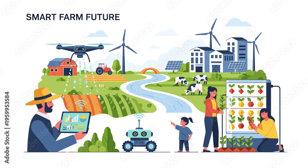 Naklejka premium Smart Farm Future: Sustainable Agriculture with AI, Robotics, and Renewable Energy for Modern Food Production