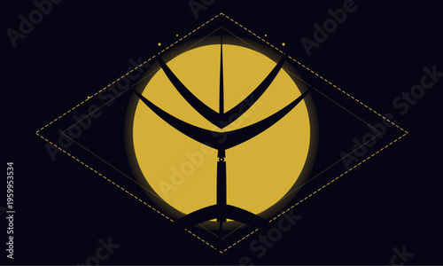 A minimalist abstract emblem featuring a black tree silhouette against a radiant gold sun circle