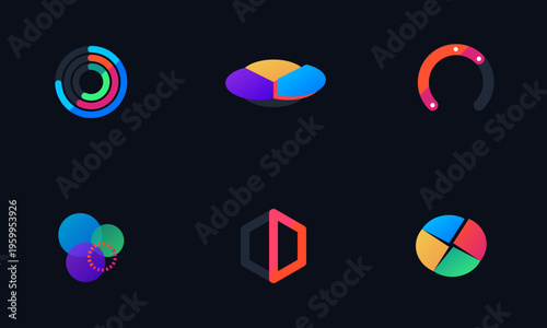 A collection of colorful abstract geometric icons with gradient designs on a dark background
