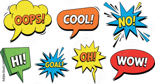 Comic speech bubbles set with colorful pop art expressions cool wow oops hi goal no and oh vector illustration