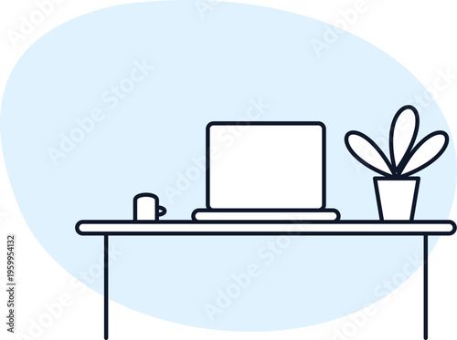 A minimalist vector illustration of a modern workspace featuring a laptop a cup and a small plant
