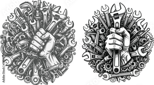 Vintage industrial mechanic fist holding wrench, hand drawn repair tools circle emblem, monochrome garage service vector illustration