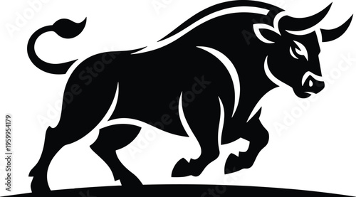 Powerful black bull silhouette charging forward in aggressive stance isolated on white background for finance market and cattle ranch concept
