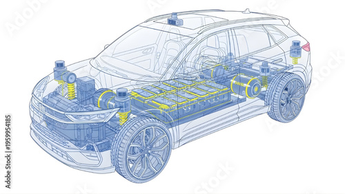 Electric SUV Blueprint with Autonomous Design and Neon Lines, Futuristic Vehicle Technical Vector on White Background