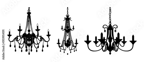 Chandelier lighting silhouette set with overhead elegant crystal and bronze filigree casting dramatic shadows featuring crystal, bronze, shadows with studio lighting and architectural interior