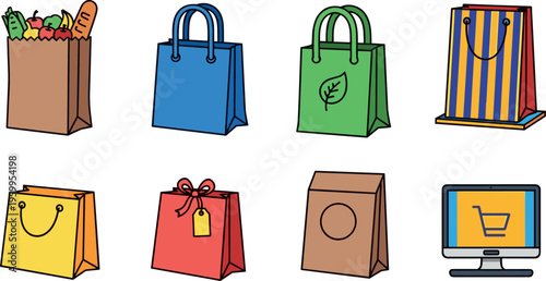 Shopping bags collection with groceries gift retail paper eco reusable packages and online store icons vector illustration set