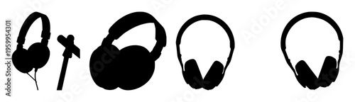 Headphones set with stylized silhouette of music wave and note icons, dynamic line art depicting audio signal featuring sound, audio, headphones with music and waveform