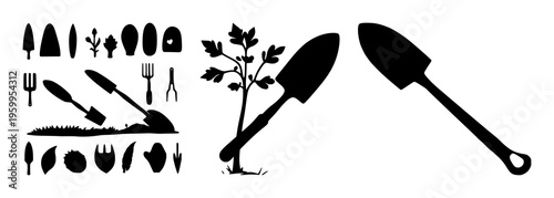 Garden trowel set with a single silhouette against plain background featuring gardening tool, earth, plant roots with black line art and vector illustration