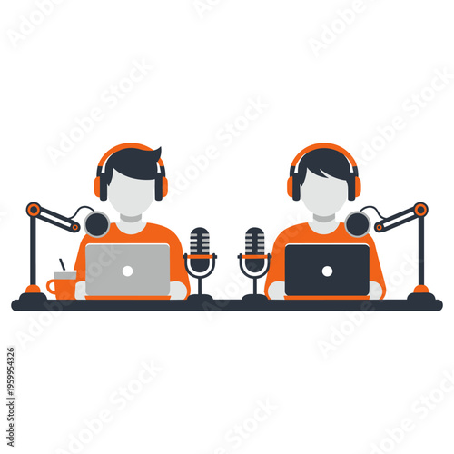 Symmetrical podcast studio illustration with two hosts and professional recording devices