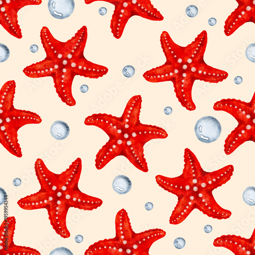 Watercolor seamless pattern featuring red starfish and bubbles on a light tan background, perfect for summer and nautical themes, hand painted.