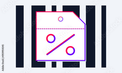 A minimalist graphic design featuring a price tag symbol with a percentage sign on a barcode